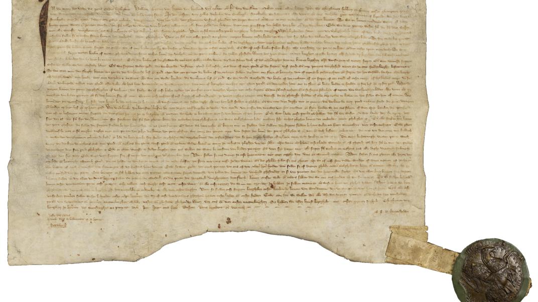 De originele akte van waarin Graaf Willem IV op 7 juni 1340 stadsrechten aan Rotterdam verleend. Oud Stadsarchief. NL-RtSA_1-01_1